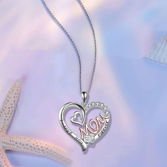 Heart Pendant Necklace Silver Rhinestone Gift for Mom from Daughter Son - Picture 8 of 8